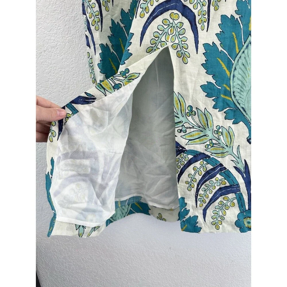 Sundance Linen Midi Skirt Graceful Verenia Teal Blue Floral Damask Boho 12 Lined